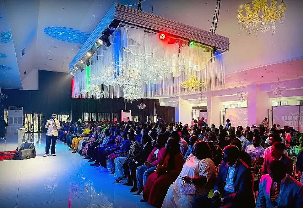 Wide view of a service on the white runway stage